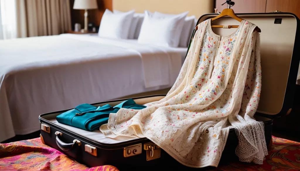 A colorful chikankari dress draped over an open semi packed suitcase. 