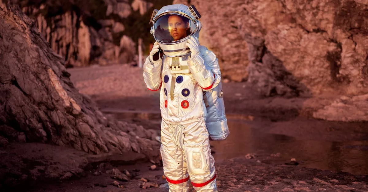 Astronaut in a space suit explores a rocky desert environment at sunset.